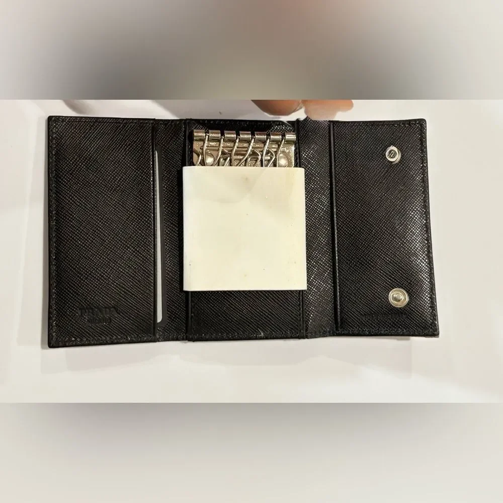 Prada  Beige Cloth Gold Triangular Logo Card Holder
